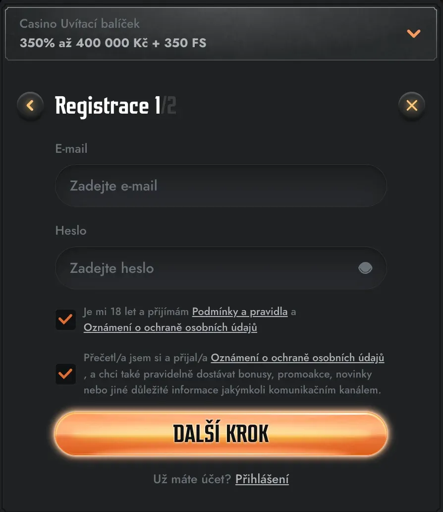 Registrační formulář v Gransino casino